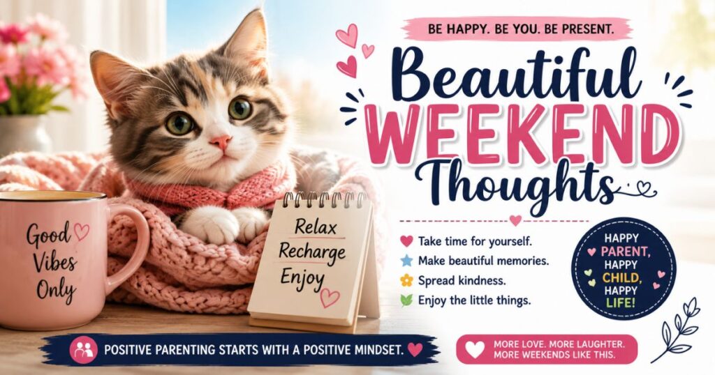 A cute cat image style template showcasing beautiful weekend thoughts to brighten someones special day to boost parenting blog engagement