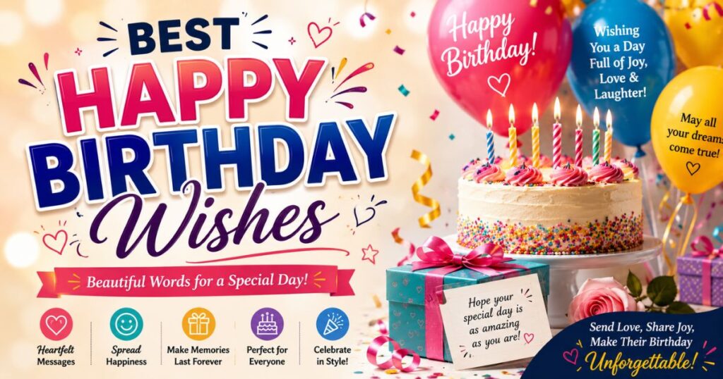 A cute cat image style template showcasing the best happy birthday wishes to boost parenting blog engagement.