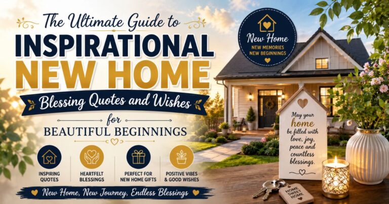A beautiful family graphic template showcasing the ultimate guide to inspirational new home blessing quotes and wishes for beautiful beginnings to boost social media engagement.