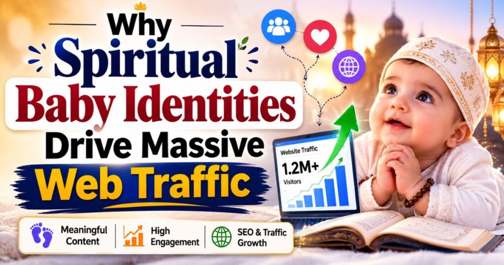 An analytical lifestyle graphic explaining why spiritual baby identities drive massive web traffic with a focus on the meaning of blessed names for girls to increase parenting blog engagement.