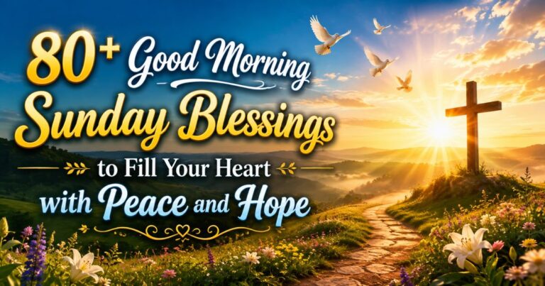 A peaceful morning sunrise over a calm lake with a steaming coffee cup, representing hopeful Good Morning Sunday blessings.