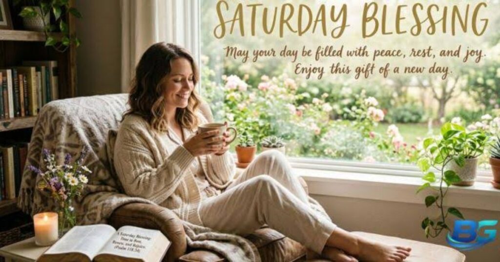 "Text image reading: Good Morning Saturday Blessings to Start Your Weekend with Joy."