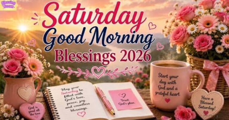 "Graphic banner with the text: Good Morning Saturday Blessings to Start Your Weekend with Joy."