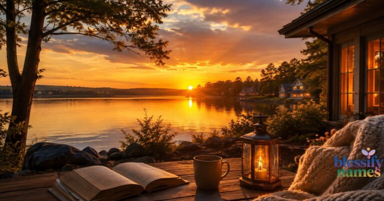 A calm lake reflecting a deep purple and orange sunset sky, with a silhouetted treeline under a fading evening twilight.