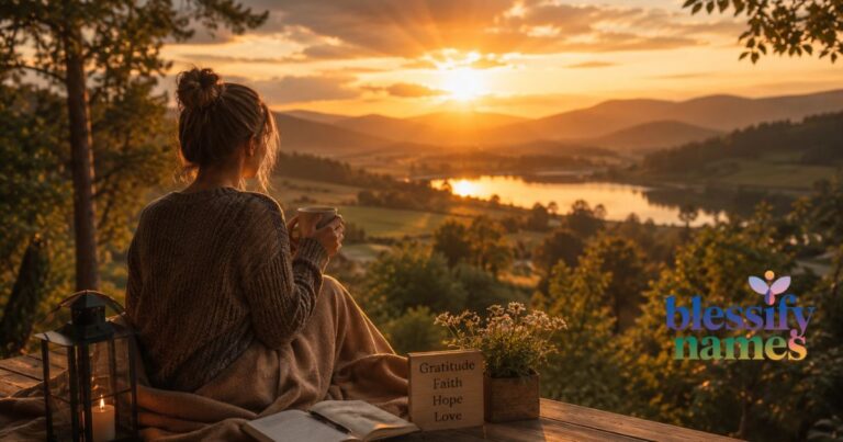 A person standing on a rustic wooden deck during a quiet sunrise, looking up at golden sun rays breaking through heavy morning clouds.